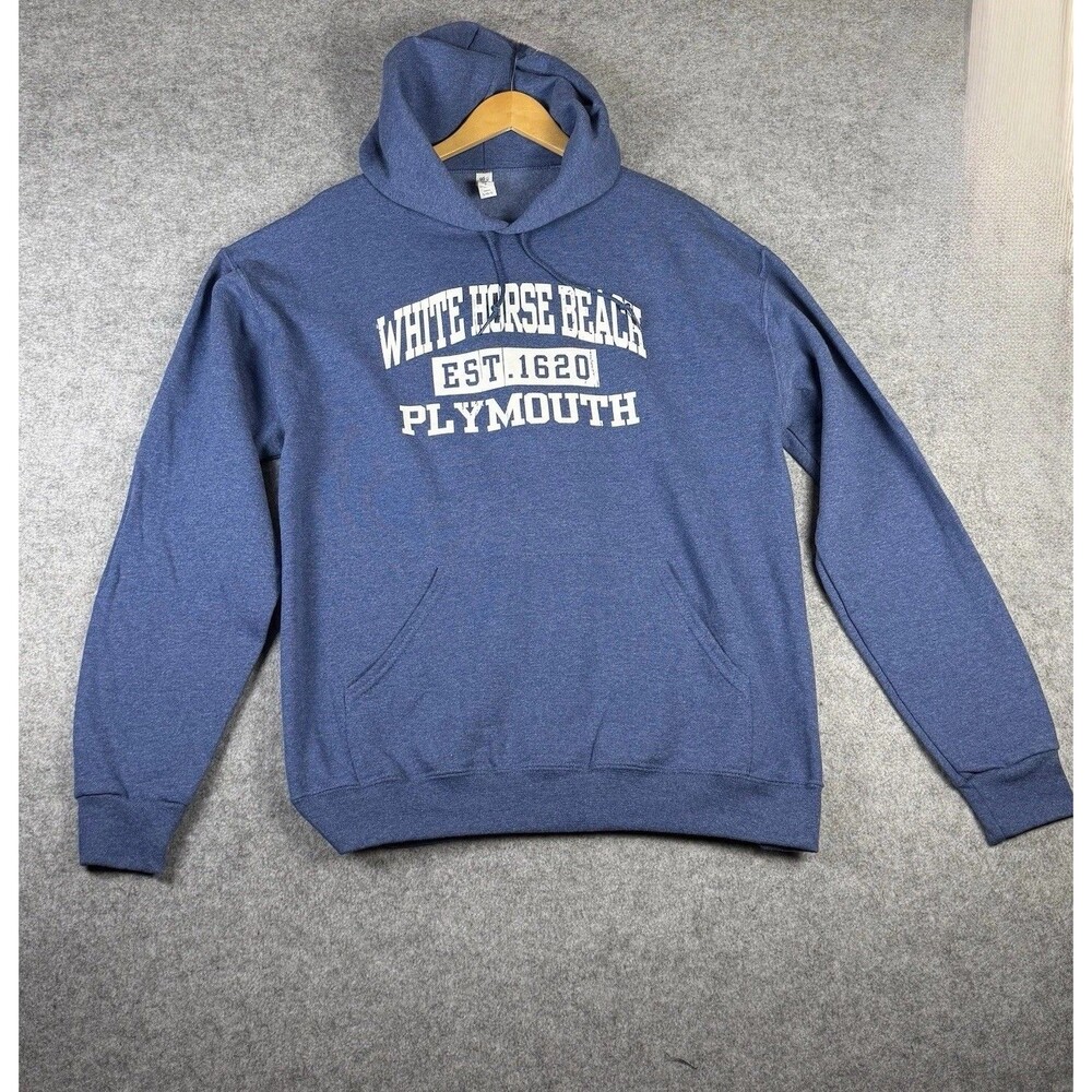 Jerzees Plymouth White Horse Beach Hoodie Men’s L Blue Pullover Sweatshirt